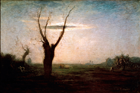 April Landscape of late winter with a tree still without leaves. Painting of” Antonio Fontanesi (1812-1882), 1873 Sun. 168x258 cm Turin, Galleria Civica d'Arte Moderna Italy