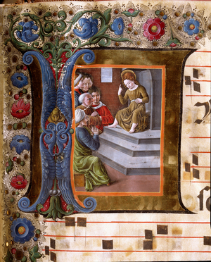 Christ Child among the Doctors, initil letter, 15th century (miniature)