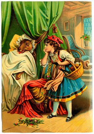 Little Red Riding Hood discovers the wolf in his grandmother's bed (Chromolithography late 19th century)