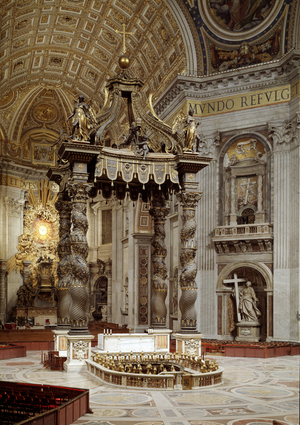 View of the canopy of the master altar designed by Gian Lorenzo Bernini (Bernini) (1598-1680), Basilica of St. Peter (Basilica San Pietro) in Rome. Italy