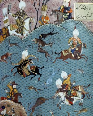 Hunting scene in the presence of Sultan Murad II (Murat) (1404-1451) Miniature of the 17th century. Istanbul, Topkapi Sarayi Museum Library