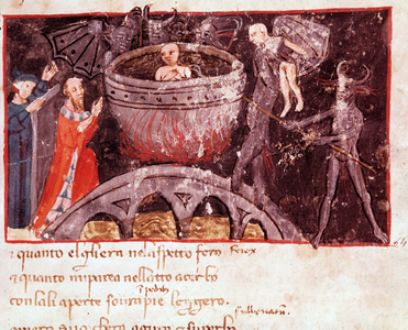 Bolgia of the counterfeiters (song 21 from Hell,  in the Divine Comedy) - miniature, 14th century