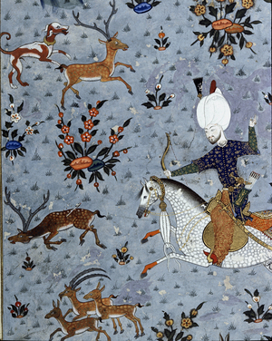 Representation of the courtiers of Sultan Murad II (Murat) (1404-1451) hunting deer Detail. 17th century miniature. Istanbul, Topkapi Sarayi Museum Library