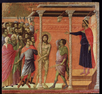 The flogging. Maesta altarpiece (tempera and gold on wood, 1308-1311)