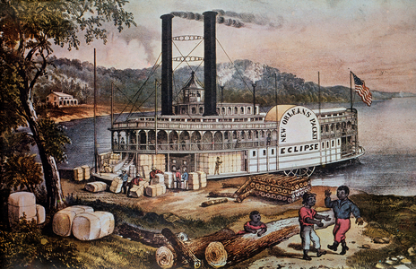Loading cotton on a ship on the Mississippi River (engraving)