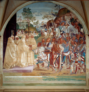 Saint Benedict of Nursia welcoming Totila (6th century) king of the Ostrogoths fresco of the refectory of the monks made by Luca Signorelli recounting the life of Saint Benedict of Nursie (480 - 567) founder of the Order of Benedictines. 1503 - 1508 Abbey of Monte Oliveto Maggiore, Florence