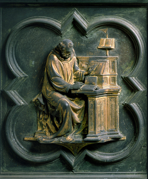 North Gate (called Gate of the Cross, to the North), exterior detail: Saint Jerome. Bronze sculpture made by Lorenzo Ghiberti (1378-1455), 1424. Baptistere San Giovanni, Florence