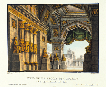 View of the entrance to the Royal Palace of Cleophis, mistress of King Poros. Scenography for opera Alessandro Nell'Indie by Metastase. 1830 (Lithography)