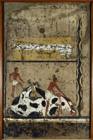 Egyptian antiquitis: a bull is sacrificed before a sarcophagus. Detrempe on clay and straw from the tomb of the General and Chancellor of King Iti in El Ghebelen near Luxor. 2200-2000 BC. Turin, Egyptian museum