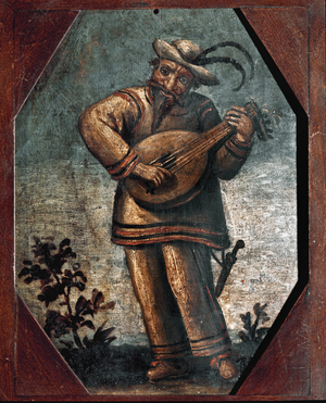 Commedia dell'arte: a character of zanni (valet) playing lute.18th century (painting)