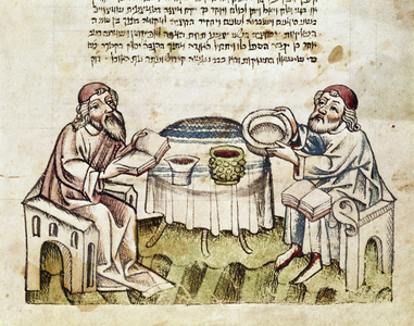 Judaism: “” two rabbis celebrate Easter with the ceremony of the Seder”” Miniature from a Mahzor (prayer book in Hebrew) 15th century Parma, Biblioteca Palatina