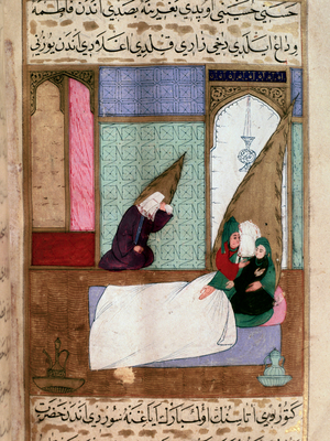The prophete Muhammad (Muhammad or Muhammad) (570-632) (covered face) takes away from his family at the time of death Persian miniature of the 18th century. Musee Topkapi Istanbul Turkey