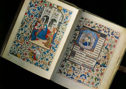 Double page of an open manuscript: the descent of the Holy Spirit, 15th century (manuscrit)