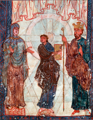 King Ferdinand I (Fernando I de Leon y Castilla, (Fernando Sanchez) said the Great (ca. 1010-1065) and Queen Sancha Iere de Leon (1013-1067). Between them, columnist Pedro Miniature taken from “” Book of Hours of Ferdinand I”” 1055. Santiago de Compostela, archive of the cathedral