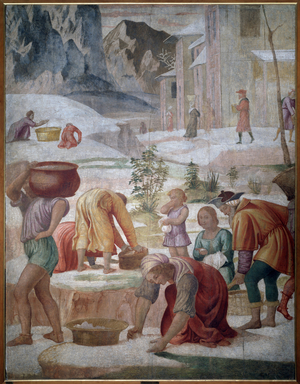 The gathering of manna, israelites in the desert - Fresco, 16th century