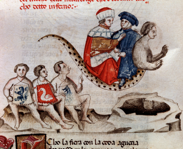 Dante and Virgil ride on Geryon's back (song 17 from Hell, in the Divine Comedy) - miniature 15th century