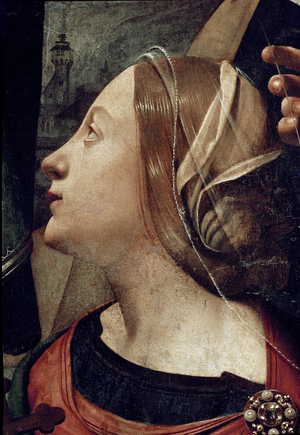 Saint Margarita of Antioch, detail of Immaculee conception surrounded by 6 Saints. (Oil on canvas, c. 1505)