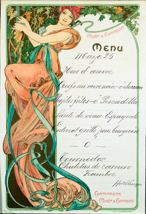 Menu printed by Champagne Moet and Chandon for a French speciality meal. Illustration by Alphonse Mucha (1860-1939) Dim. 22x15 cm Milan, private collection