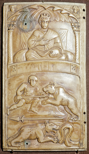 Games at the Circus with a bear (Ivory relief dyptich, ca 400)