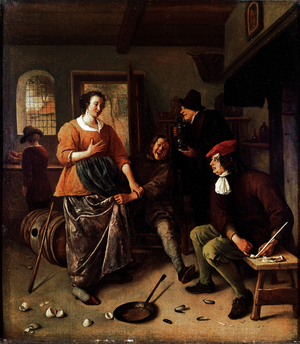 The Interior of an Inn (The Broken Eggs) by Jan Steen (1625/6-1679). With self portrait, 1665-1670 (Oil on canvas)