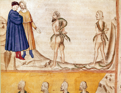 Circle of Thieves: Vanni Fucci (13th century) predicted to Dante and Virgil the defeat of the White Guelfs. Illuminated page illustrating the 24th song of Hell draws from the “Divina Commedia” by Dante Alighieri (1265-1321). 14th century, Venice, Biblioteca Marciana