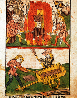 Jan Hus, religious reformer and Czech writer on the pyre in Constance, 15th century (miniature)