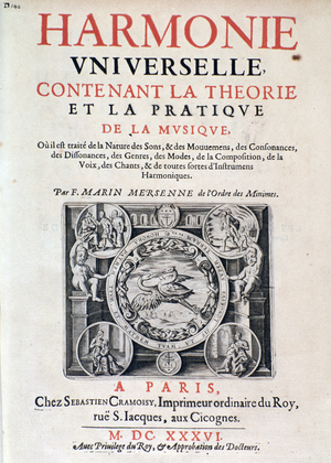 Frontispiece of "Harmonie universelle contenant la theorie et la pratique de la musique" by Marin Mersenne (Marin Mersennus or le Pere Mersenne) (1588-1648), 1637.