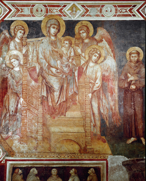 Madonna has children on the throne, four angels and Saint Francois of Assisi Fresco of Cimabue (Cenni di Pepo) (1272-1302) 1278-1280 Dim. 320x340 cm. Assisi, Basilica di San Francesco, Lower Church