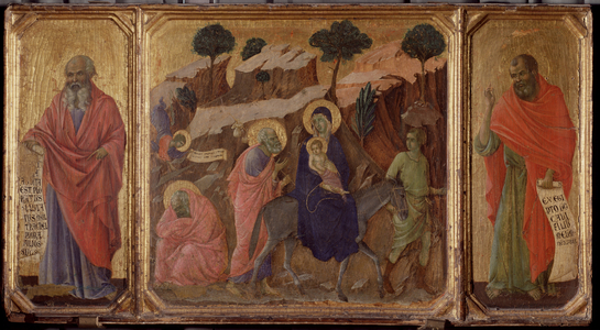 Life of the Christ: Flight into Egypt with the Prophets Jeremiah and Hosea. Predella of the Maesta (tempera on wood, 1308-1311)