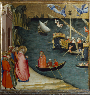 St Nicholas, bishop of Myra, saves a ship carrying a cargo of wheat from the storm. Scenes from the Life of St Nicholas (Tempera on panel, 1327)
