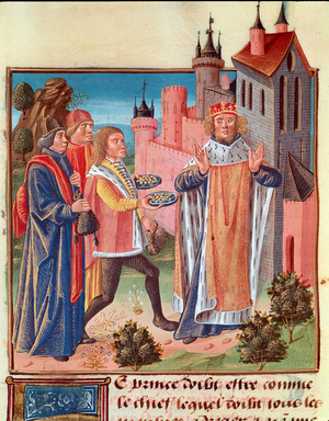 Middle Ages: “” A prince receives taxes from his vassals””” Miniature taken from “” The book of good morals””” by James the Great, 1338. Chantilly, Conde Museum