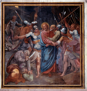 Life of Christ: “” the kiss of Judas and the capture of Christ”” (Passion of christ, the kiss of Judas and capture of Jesus) Fresco by Paris Nogari (1536-1601) 1594-1600 Rome Church of Santa Prassede (Santa Prassede) Italy