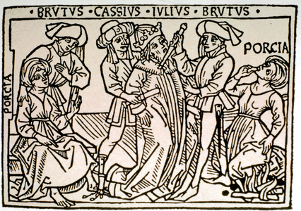 Jules Cesar is stabbed by Brutus and Cassius while Porcie, Brutus's wife vanishes, 16th century (Xylography)