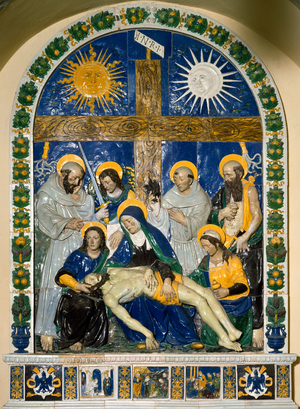 The Deposition (Pieta). Jesus Christ and the Virgin Mary surrounded by Saint John and Saint Mary Magdalena. 1525 (High relief ceramic)