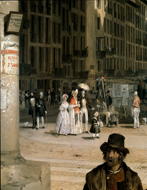Marche de Figini a Milan (Piazza del Duomo with a corner of the Coperto dei Figini) Detail - Painting by Angelo Inganni (1807-1880), 1838 - Oil on wood - Dim: 93x76cm Museo Civico di Milano, Palazzo Morando