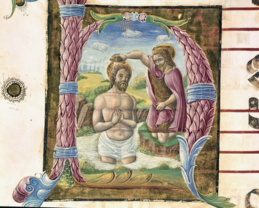 The baptism of Christ Lettrine illuminated by Antonio Cicognari. Detail of an antiphonary. 1483. Cremone, choral 4, capitolo del duomo