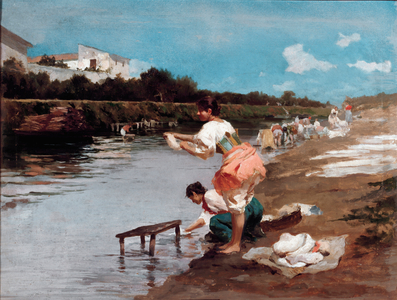 Laundresses on the river (oil on canvas, 19th-20th century)