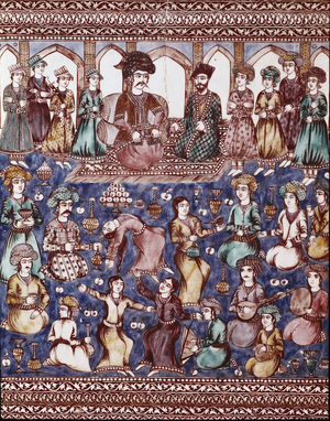 Islamic Art: musicians and dancers of the Court of Nasser-al-Din (Nasser al-Din or Nasser al-Din but also Nassereddin or Nassiruddin, 1831-1896) Shah of Persia (Iran) from 1848 to 1896). Ceramic of Isfahan or Isfahan. Teheran, Golistan Palace