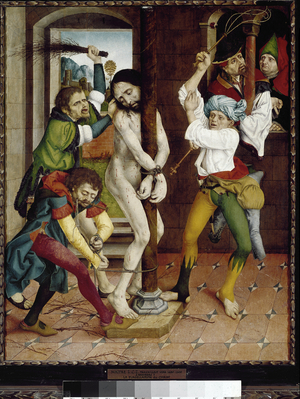 Flagellation of Christ or Scourging at the pillar. (oil on wood, 1490-1500)