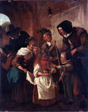 Flower Easter Feasts (Flowered easter) Painting by Jan Havickszoon Steen (1625/6-1679) 17th century Dim 80x65 cm Genes, Musei di Strada Nuova (ex Palazzo Bianco)