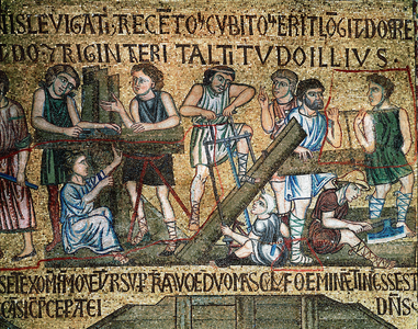 The construction of the tower of Babel. On the site, workers and carpenters saw boards. 13th century (Mosaic)