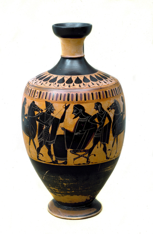 Greek antiquite: lekythos (lecythe) decorates representations of Zeus, Hermes and horsemen. Painting by the painter of Aasis. 550-540 BC. From Gela. Palermo, Museo Archeologico Nazionale