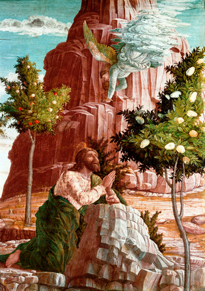 Christ prays in the Garden of Olives. Detail. Predelle of the altarpiece of San Zeno de Verona. Painting (tempera) on wood by Andrea Mantegna (1431-1506), 1456. Dim. 70x92 cm. Tours, Fine Arts Museum.