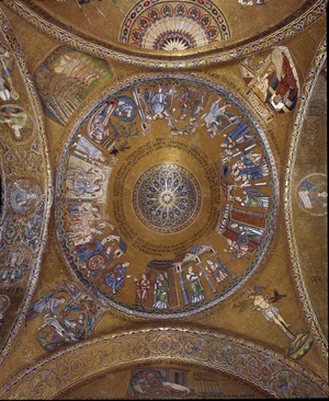 Byzantine architecture: view of the dome with mosaics on a golden background (Romanesque and Byzantine style) illustrating Joseph's life. 1270-1280. Basilica San Marco (Basilica of San Marco) Venice