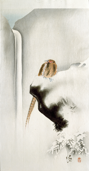 A pheasant on a cliff-edge, with a waterfall in the background, 1907 (colour woodcut)