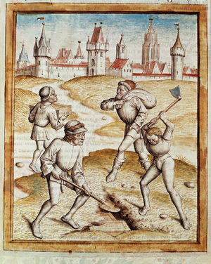 The discovery of a treasor in the suburbs of a fortified town Miniature taken from a German translation of the fables of “Kalila (Calila) and Dimna” by Bidpai. (ms. 1389, fol. 1) around 1480 Chantilly, museum Conde