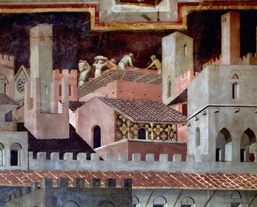 The effects of good and bad government on the city and the country. Detail of the effects of good government in the city - 1338-1340, Fresco