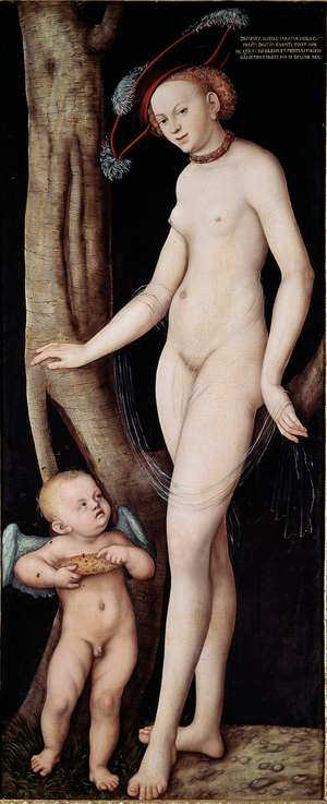 Venus and Cupid (Aphrodite and Eros) Painting by Lucas Cranach the Elder (1472 - 1553), 16th century Sun. 169x68 cm Rome Galleria Borghese