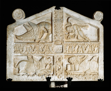 Marble sculpture with symbols of evangelists (tetramorph). Anonymous Lombard sculptor of the 9th century. Fara Sabina (Rieti), Abbazia di Farfa
