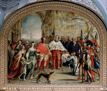 James I of Cyprus is released by the doge of Genoa Leonardo Montaldo, in 1383 (Painting, 18th century)